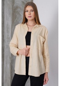 Resim Paw Garage Kadın London Keten Tek Cepli Oversize Gömlek, Premium Kalite Keten Gömlek Taş 
