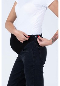 Resim Busa Hamile Esnek Karın Bantlı Beli Ayarlanabilir Büyük Beden Mom Fit Kot Pantolon Siyah-siyah 