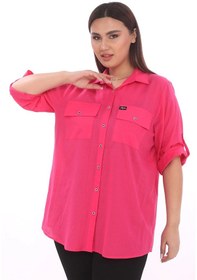 Resim %100 Cotton Büyük Beden Natural Gömlek - Fuşya 