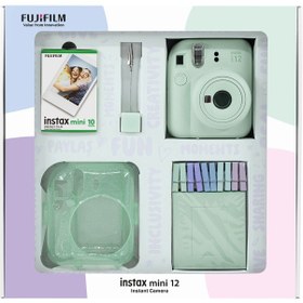 Resim Fujifilm Instax Mini 12 Fotoğraf Makinesi + 10'lu Film + Simli Pleksi Kılıf + Mandal + Kıskaçlı Resim Standı Yeşil 