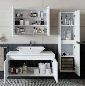 Resim ROOMART Banos Banyo Lavabolu Mat Beyaz Mdf 100cm Banyo Dolabı+aynalı Banyo Üst Dolap+Banyo Boy Dolap 