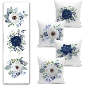 Resim Mavi ve Beyaz Gül Özel Tasarım 4 Kırlent 1 Runner Seti 