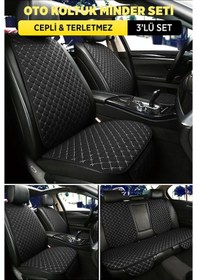 Resim Organic Tay Tüyü Cepli & Terletmez Sırtlı Oto Koltuk Minder Seti - Koltuk Koruma Kılıfı Siyah Beyaz 3'lü Set 