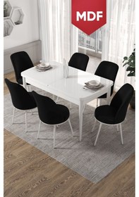 Resim Canisa Concept Kor Serisi, 70x114 MDFAçılabilir Beyaz Yemek Masası Takımı,6 Siyah Sandalye Masa Beyaz Sandalyeler Siyah 