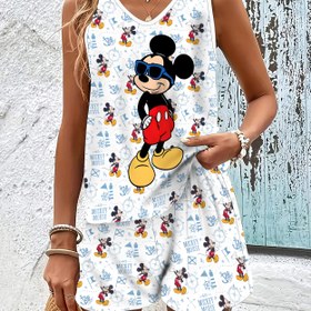 Resim Kadınların Yaz Modası Tank Üstü ve Şort Takımı - Günlük ve Tatil Giyim için Rahat, Rahat ve Şık, Tatil Giyimi | Oyuncak Baskısı | Rahat Uygunluk, Mickey Mouse Aksesuarları 