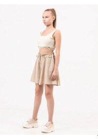 Resim Kız Çocuk Keten Atlet Crop Bluz-13906-bej Bej 