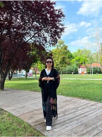 Resim Siyah Mercan Desenli Kaftan Kimono Renkli Desenli Salaş Plaj Ve Günlük Kullanım Siyah - Turuncu 