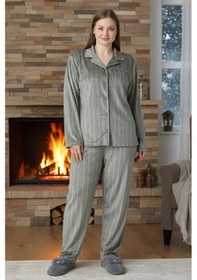 Resim Remsa Kadın Önü Düğmeli Kadife Pijama Takımı 25374 Haki Haki 