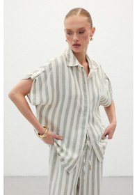 Resim Sateen Çizgili Kısa Kol Gömlek - Haki-136307 Haki 