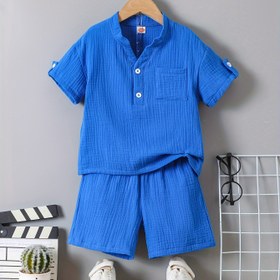 Resim Erkek Çocuklar İçin Rahat ve Şık, Pratik Çok Amaçlı Yumuşak Pamuklu Twill Kumaş Yarım Kollu Gömlek ile Nefes Alabilen Kısa Pantolon Takımı - İlkbahar ve Yaz Mevsimi için İdeal 