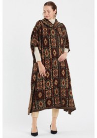 Resim Uludağ Triko Kadın Kilim Desen Kapşonlu Panço Gümüş-Std Gümüş 