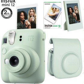 Resim Fujifilm Instax Mini 12 Yeşil Fotoğraf Makinesi-10'lu Film-Çerçeve ve Deri Kılıf Seti 