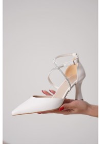 Resim Fiona Beyaz Taş Bantlı Sivri Burun Topuklu Abiye Ayakkabı Beyaz 