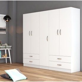 Resim tanmob 5 Kapılı Dört Çekmeceli Geniş Gardrop Beyaz- Grd0701 