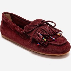 Resim Luvishoes Evelyn Bordo Süet Hakiki Deri Püsküllü Boncuklu Kadın Loafer Ayakkabı 