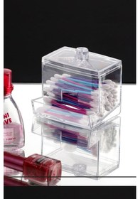 Resim Flosoft Pamuklu Kulak Çubuğu Organizeri, Kulak Pamukluğu Kutusu Düzenleyici Şeffaf 