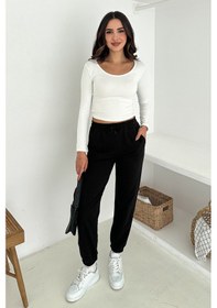 Resim Kadın Bağcıklı Jogger Pantolon & Eşofman Altı Sportif & Enerjik Stil Siyah 