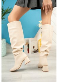 Resim Syt-2002 Bej Körüklü Kalın Topuklu Günlük Bayan Çizme Bej 