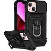 Resim Apple iPhone 14 Sert Silikon Tank Aramid Sürgülü Vega Yüzüklü Siyah Kılıf Gpack