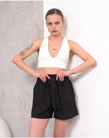 Resim Biçomi Kuşaklı Keten Şort Siyah S255265 Siyah 