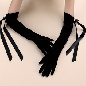Resim 1 Çift Şık Elegant Siyah Kadife Tam Parmak Eldiven Kadın - Polyester Jakar Uzun Eldiven ile Kurdele Bağcığı, Düz Renk, Dekoratif Esnek Olmayan Damat Aksesuarları için Düğün Parti 