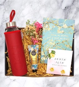 Resim Hediye Kutusu - Cam Matara & Defter & Krem 