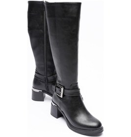 Resim Velmira Kadın Siyah Deri Fermuarlı Platin Tokalı Kalın Topuklu Çizme 6cm Siyah 