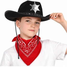 Resim Beruflic Çocuk Kovboy Şapka Rozetli Siyah ve Kırmızı Bandana Seti 