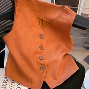 Resim Kadınların Vintage Esinlenmiş Kolsuz Blazer Yeleği - Turuncu Sarı, Kısa Boy, Düğmeli, Sonbahar ve İlkbahar Modası, Sonbahar Modası | Vintage Tarzı | Kolsuz Blazer 