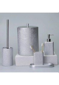 Resim By Selim Linen Gümüş 5 Parça Polyester Banyo Seti Gümüş 