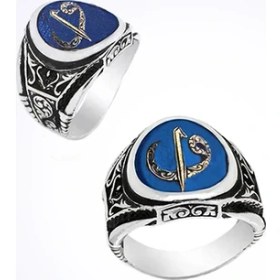 Resim Mina Silver Arapça Vav Elif Harfi Yan Motifli Mavi Mineli Taşsız Gümüş Erkek Yüzük Ms11022 28 