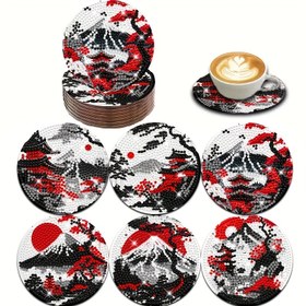 Resim 6 Parça Japon Manzaralı Fuji Dağı Elmas Boyama Bardak Altlığı Seti - Araba, Çay Fincanları ve Termoslar için Kaymaz Tabanlı DIY Dekorasyon, Ev ve Ofis İçin Mükemmel Hediye, Ebeveynler veya Arkadaşlar İçin Taşınma Hediyesi 