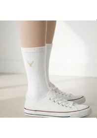 Resim Tüylenmeyen Kutulu Unisex Geyik Nakışlı Pamuklu Tekli Yazlık Kışlık Beyaz Casual Soket Çorap Beyaz 