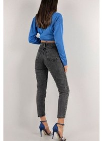 Resim Trendy Kadın Füme Yüksek Bel Yumuşak Dokunuşlu Rahat Kesim Mom Jean Kot Pantolon 