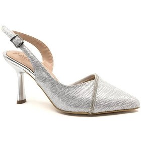 Resim Feles Saten Şerit Taşlı Arkası Açık Stiletto Kadın Topuklu Ayakkabı GÜMÜŞ 