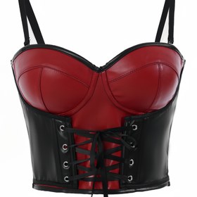 Resim Yeni Halloween Siyah ve Kırmızı PU Kontrast Renkli Önden Kesimli Eyelet Fiyonklu Kadın Bralette Tank Top, Festival Modası, Gece Kulübü Kıyafeti, Şık Bralette, Dar Kesim, Sadece Elde Yıkanır, Nefes Alabilen Kumaş, Askılı Üst, Kolsuz Üst, Yetişkinler İçin, Halloween Kostümü 