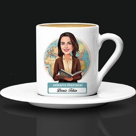 Resim Kadın Coğrafya Öğretmeni Karikatürlü Kahve Fincanı 