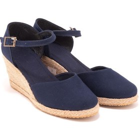Resim Gerçek Elişi Bilekten Bantlı Topuğu Açık Keten Espadril Dolgu Topuk Handmade Lacivert 