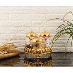 Resim Leila 3 Lü Altın Kapaklı Söz Kavanozu Seti Çay-kahve-şeker Sunum Seti Gold - Şeffaf 