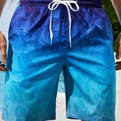 Resim Erkekler için Tropikal Yaprak Desenli Plaj Şortu, Ayarlanabilir Bağcıklı - Hafif Polyester, Normal Kesim, Mavi Gradyan Tasarım, Tek Katmanlı, Astarızsız, Yazlık ve Plaj Giyimi İçin İdeal | Canlı Renklerde Baskılı Mayo 