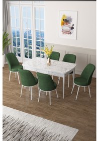 Resim Canisa Zen Serisi 80x132 Mdf Açılabilir Beyaz Mermer Desen Masa Takımı Ve 6 Haki Yeşil Sandalye Masa Beyaz Mermer Desenli Sandalyeler Haki Yeşili 