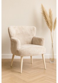Resim Azra Mobilya Modern Bej Teddy Kumaş Rahat Berjer Tekli Koltuk Yumuşak Dokulu, Ahşap Ayaklı Bej 