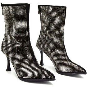 Resim Beyaz Kley Damla Taş Detaylı Fermuarlı İnce Topuklu Kadın Bot Siyah Siyah 