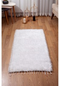 Resim El Dokuması Peluş Kilim 70 140 Cm Yolluk Banyo Mutfak Kapı Önü Paspası Beyaz 