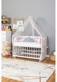 Resim Ahşap Beşik Anne Yanı Beşik Beyaz 60x120 - Pembe Beyaz Örgü Uyku Seti Seti + Yatak Beyaz 
