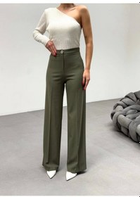 Resim 230 Gr Poly Viscose Lycra Metal Düğme Palazzo Pantolon Haki 