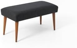 Resim Modern Keten Kumaş Puf Bench 90x45 cm - Demonte Ahşap Ayaklı Oturma Pufu - Koyu Gri 