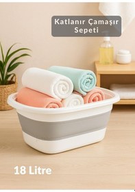 Resim 18 Litre Katlanır Silikon Çamaşır Sepeti Akordiyon Tasarım, Pratik Ve Yer Tasarruflu Beyaz Gri 