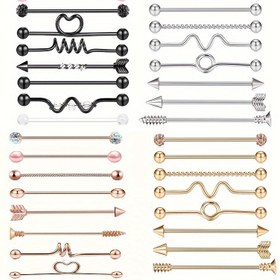 Resim 8 Parça 14G Paslanmaz Çelik Endüstriyel Barbell Kıkırdak Küpeleri - Punk Rock Tarzı Vücut Takısı, 8 Farklı Tasarım (Kalpler, Oklar, Spiral, Zikzak, Dalga, Boncuklu, Dokulu, Düz) - 38mm 1.5 İnç Hipoalerjenik Piercing Aksesuarları Kadın ve Erkekler İçin, Çok Yönlü Vücut Piercing Yüzükleri, Keskin Estetik Aksesuarlar, Parlak Metalik Kaplama 