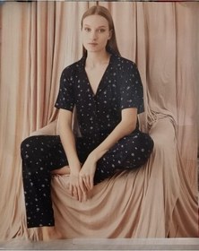 Resim Pijamoni Kadın Viskon Boydan Düğmeli Kısa Kol İnce Pijama Takımı 7510/3 - 1 Adet Siyah 